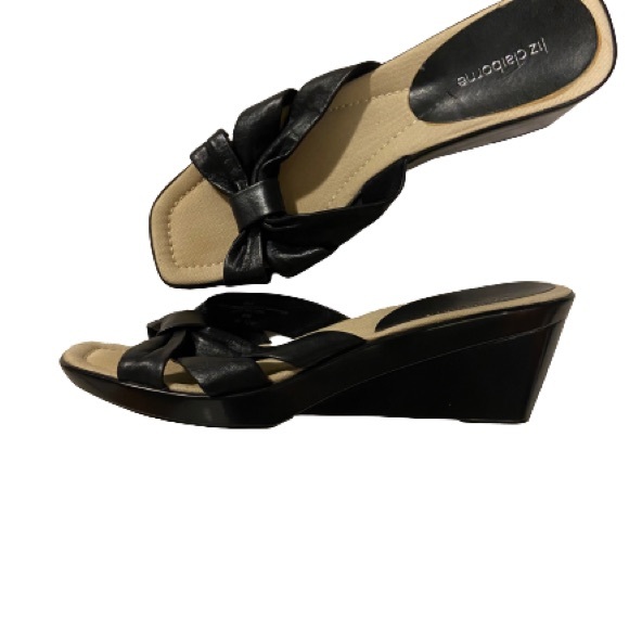 NWOT Liz Claiborne black open toe wedge slip on heels - Picture 2 of 5